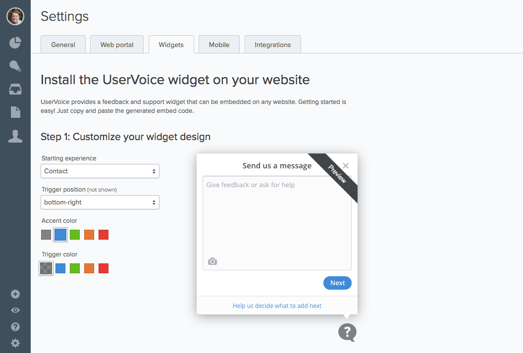 UserVoice widget install page